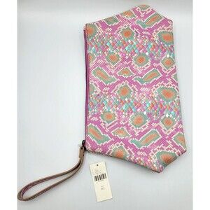 Anthropologie Clutch Bag Purse Merritt Leather Snake Print Pink Rose Wrist Strap